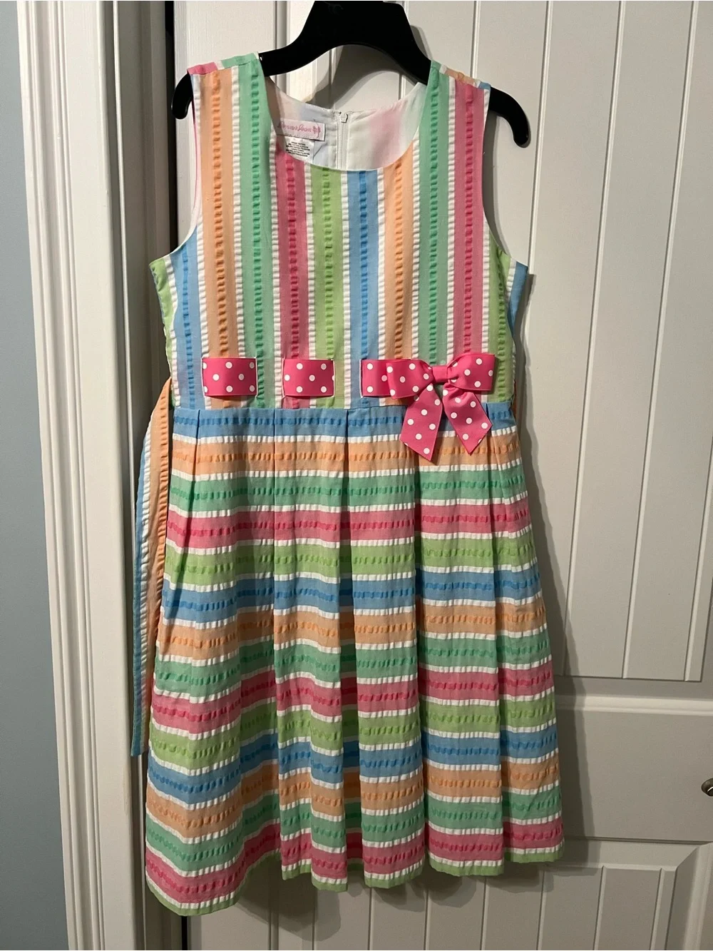 Bonnie Jeann Girls 16 Striped Seersucker Dress with Pink Bow